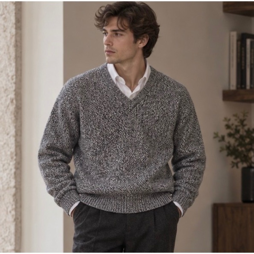 Peruvian Alpaca Sweater Mens M Gray Marl V-Neck Knit Luxury Preppy Sustainable